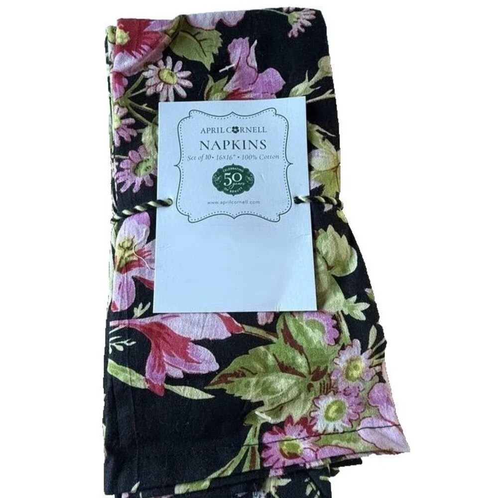 April Cornell Napkins Black Pink Floral French Country 100% Cotton Set of 10